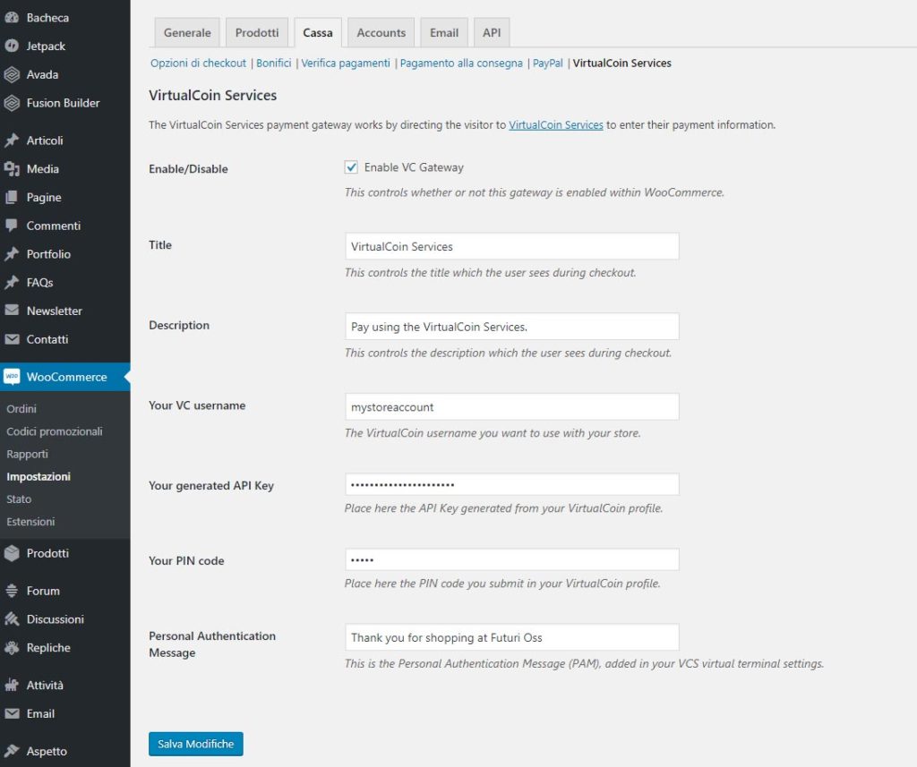 Wordpress WooCommerce Payment Gateway Plugin - Config Screen